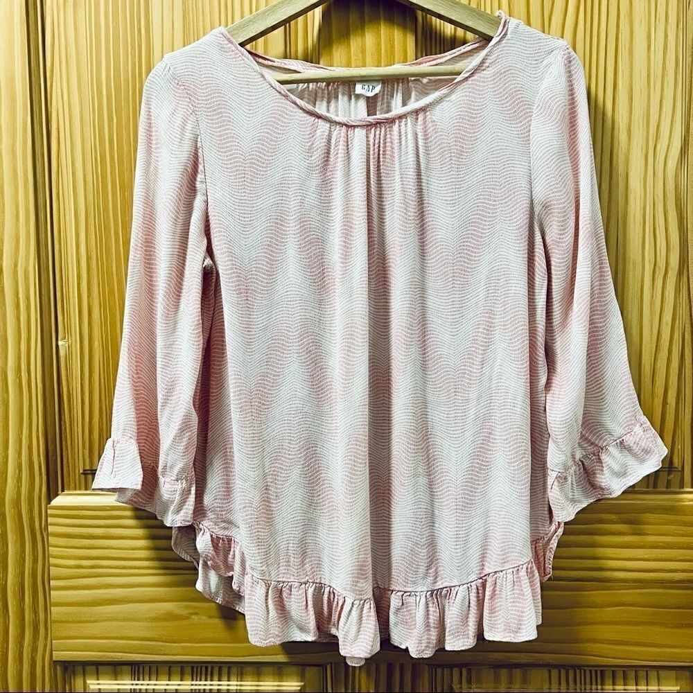 Gap pink white curved hem ruffle scoopneck long sleeve oversized shirt top S